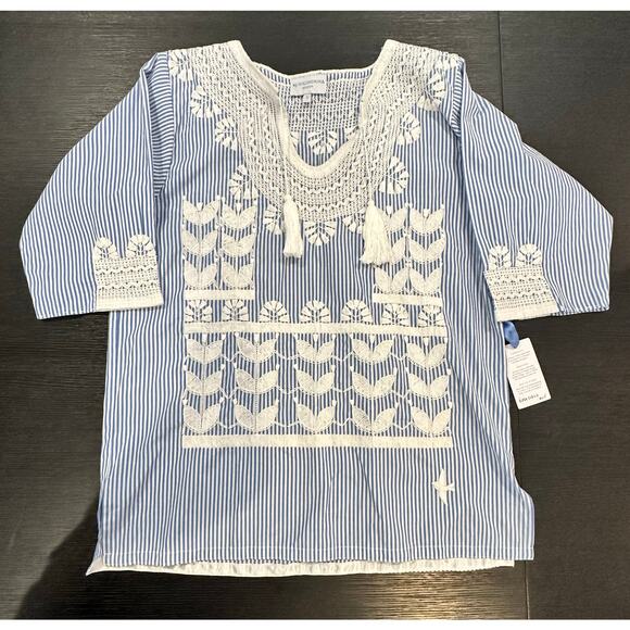 NEW NWT Mi Golondrina Hand Made Tunic Top Blue White size Small - Picture 3 of 9